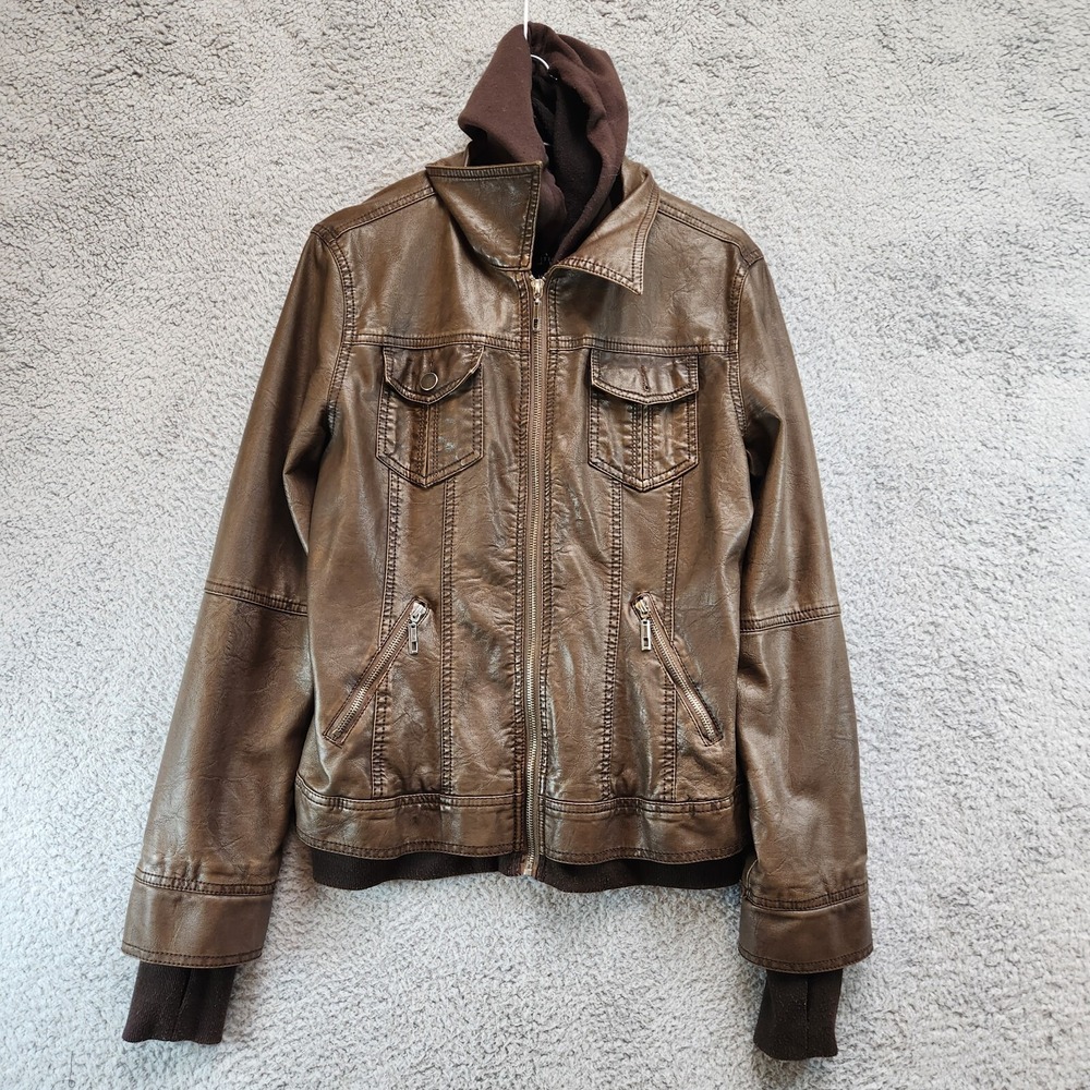 LA Coalition Faux Leather Jacket Women's M Brown Lined Long Sleeve Hood Full Zip